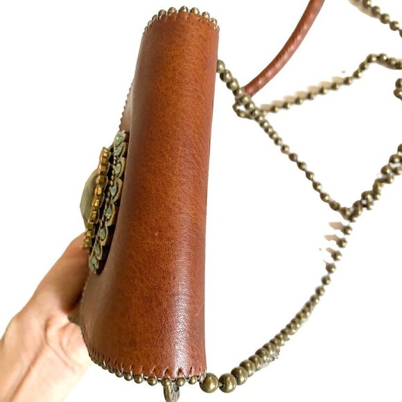 Leatherock  Semi Precious Stone Leather Crossbody Swarovski Elements Brown HE31 - Picture 10 of 16